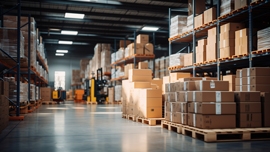 Retail warehouse full of shelves with goods in cartons, with pallets and forklifts